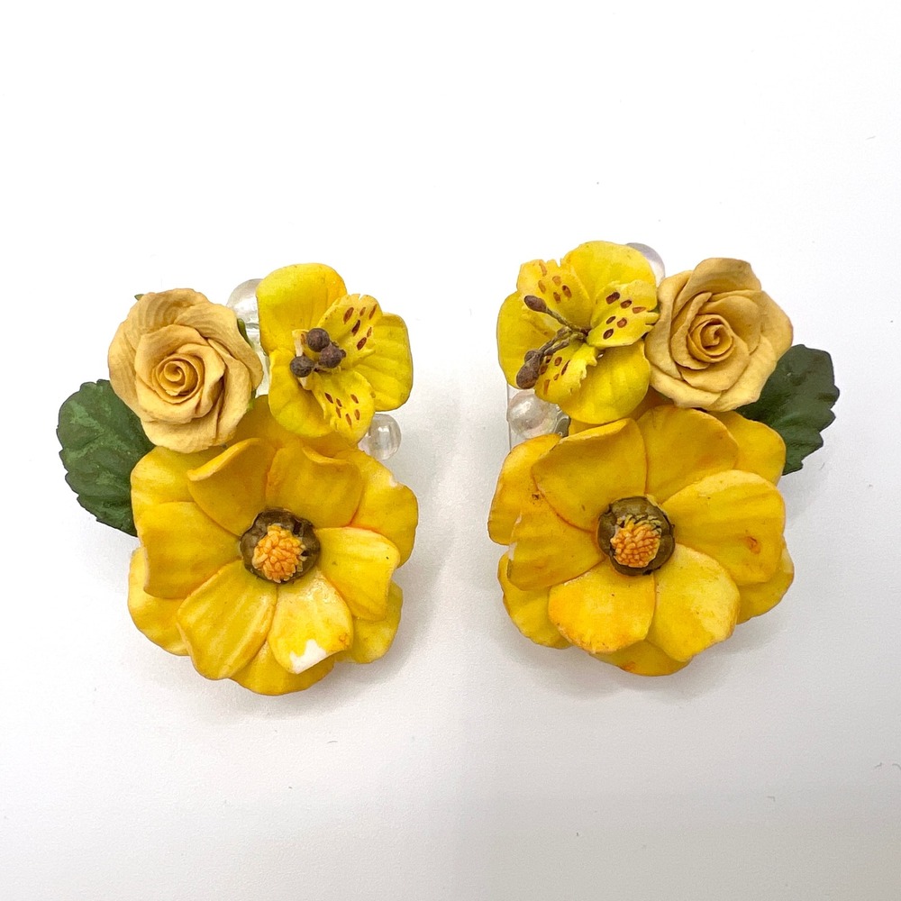 Vintage Yellow Floral Cluster Clip On Earrings Statement Botanical Cottagecore